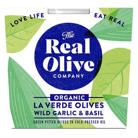 Real Olive Co. Wild Garlic & Basil Organic La Verde Olives Deli Pot 185g