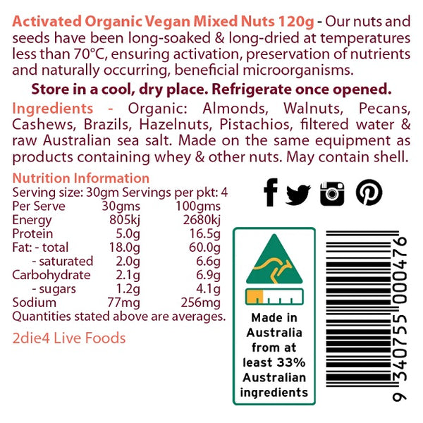 2die4 Activated Organic Vegan Mixed Nuts 100g